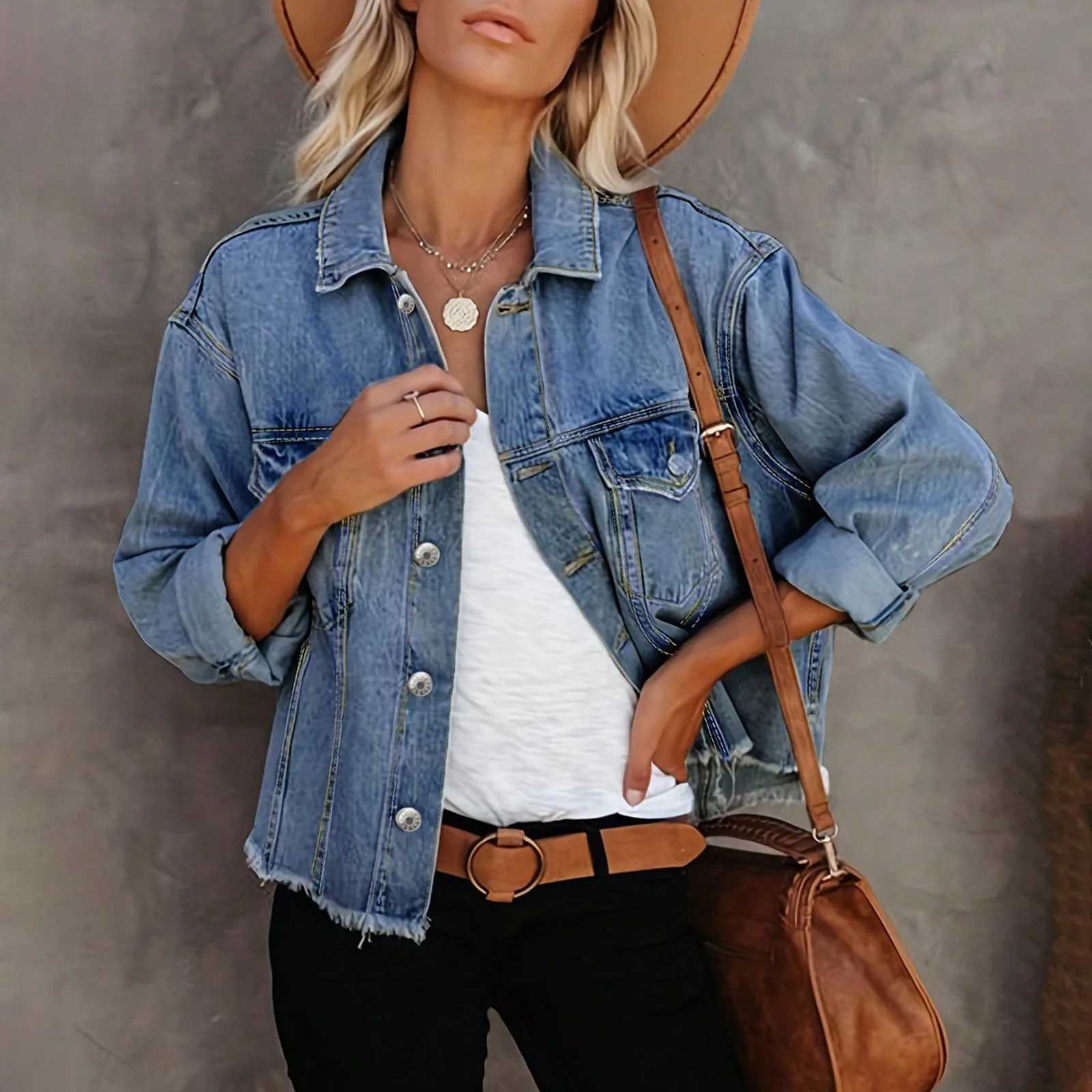Denim Coat Women Distressed Turn Down Collar Cardigan Jackets Single Breasted Casual Basics Pockets Button Spliced SolidT260328