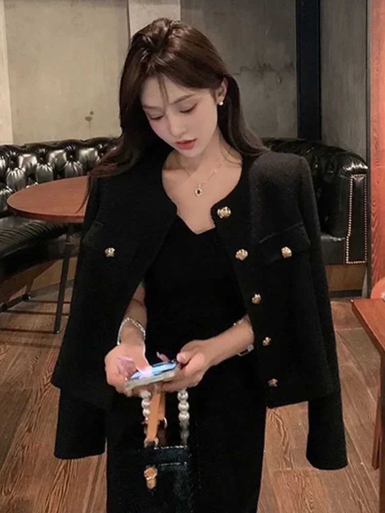 Simple Solid England Tweed Jacket Women Elegant Buttons Long Sleeve Sweet Coat Casual O Neck Fashion Loose Fall Winter TopT260328