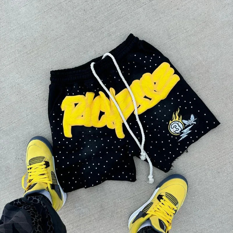 Y2K Harajuku Mens Shorts Rhinestone Letter Print Sweatpants Fashion Trend Quick Drying Casual Comfortable MOTO Shorts 260330
