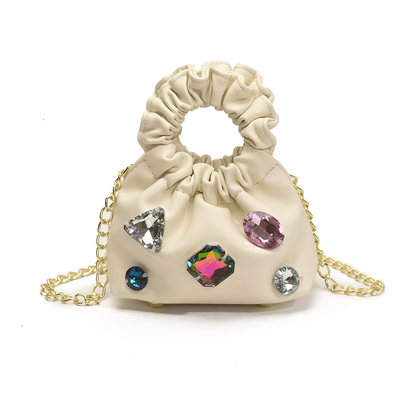 Free Shipping High Value Mini Drawstring Bag for Women Gemstone Embellished Ruched Handbag with Chain Strap