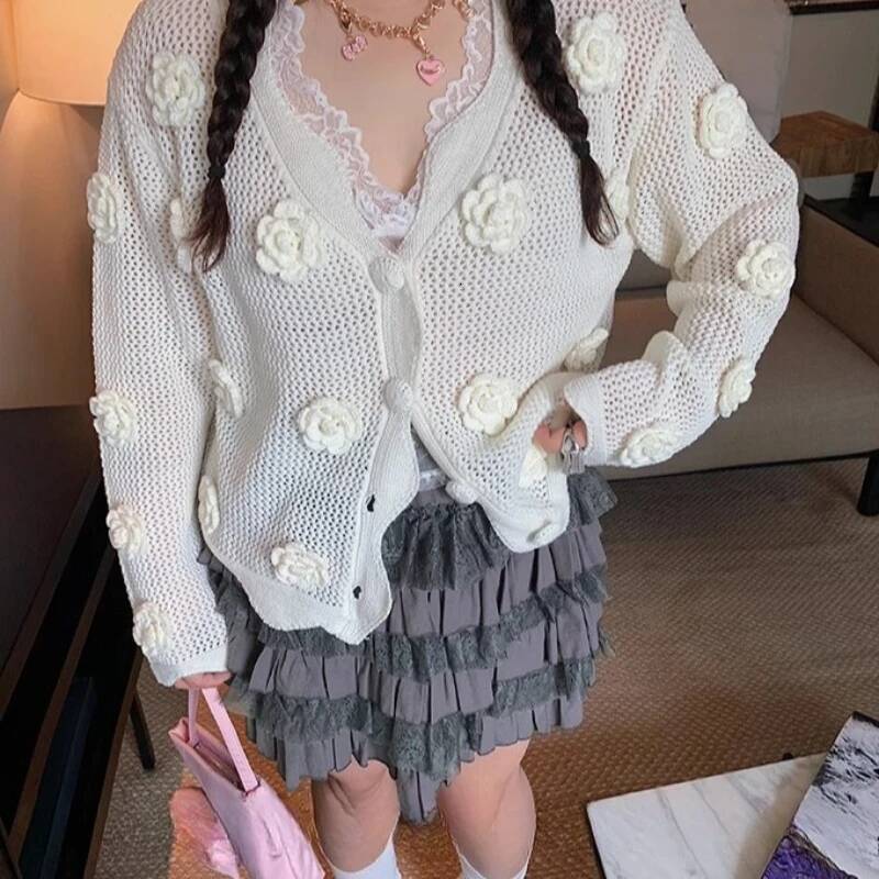 Women Crochet Cardigan Button Down Sweater Long Sleeve Hollow Out 3D Floral Applique Knit Top Spring Fall Fashion