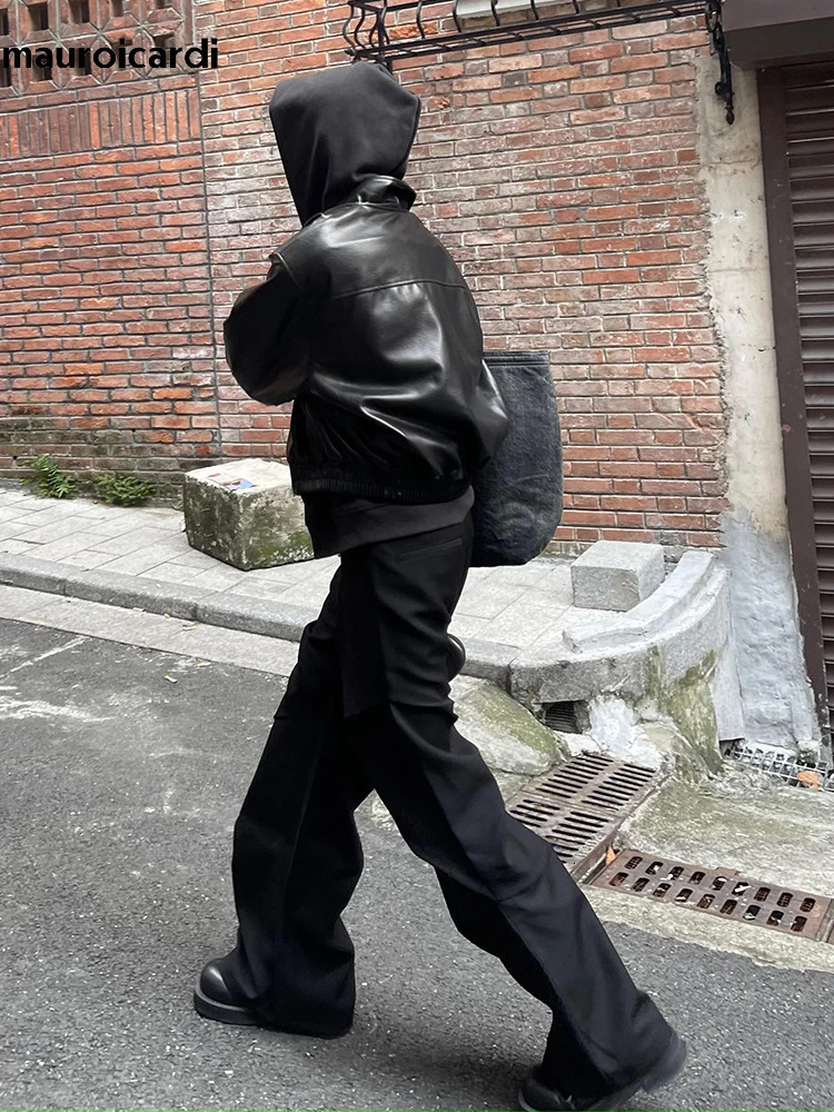 Mauroicardi Spring Autumn Cool Oversized Short Black Soft Pu Leather Jacket Men Zipper American Vintage Clothes 260327