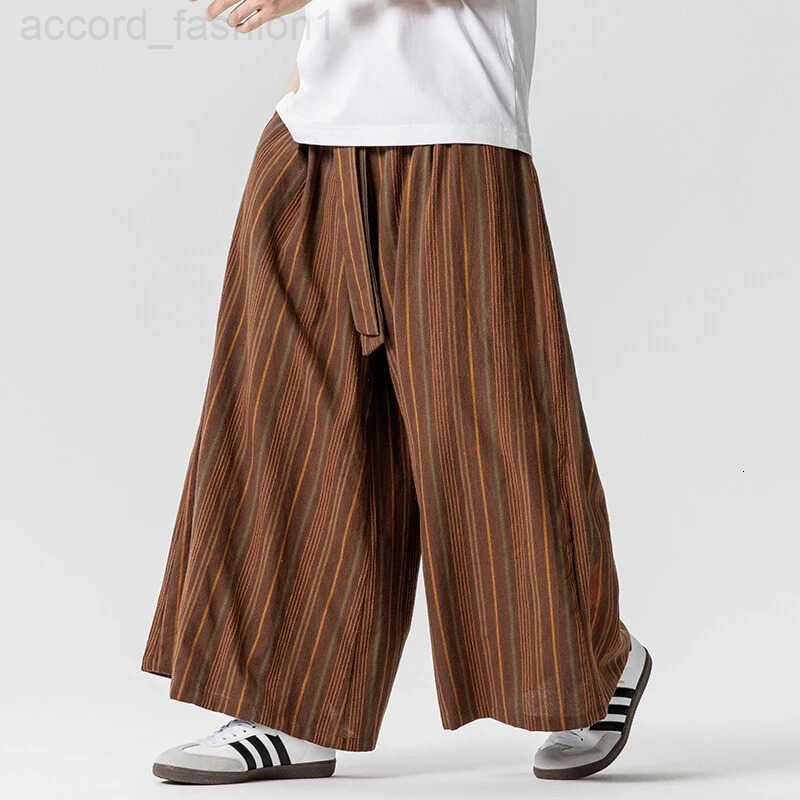 Striped Pants Mens Cotton Linen Comfortable Breathable Wide Leg Trousers Kimono Japanese Samurai Casual Loose Fashion Pants Men H260330