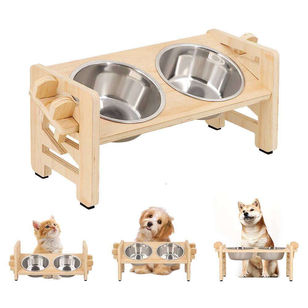 Elevated Small Dog Cat Tilted Adjustable Feeder Stand with 2 Stainless Steel Bowls for Puppies Cats Accessories 26W0330