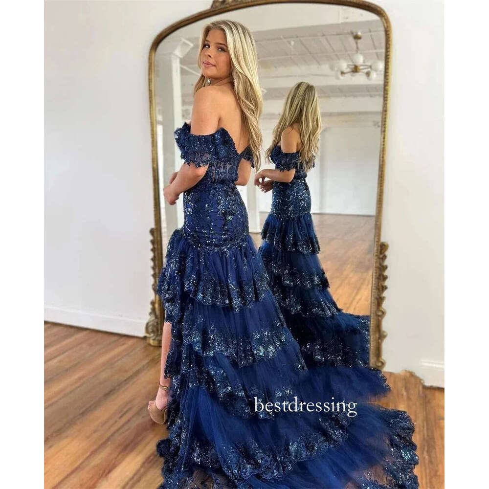 Shiny Sequins Mist Blue Prom Dress 2024 Lace Beaded Off Shoulder Tulle High-Low Long Train Formal Birthday Evening Gala Gowns Robe De Soiree D0330