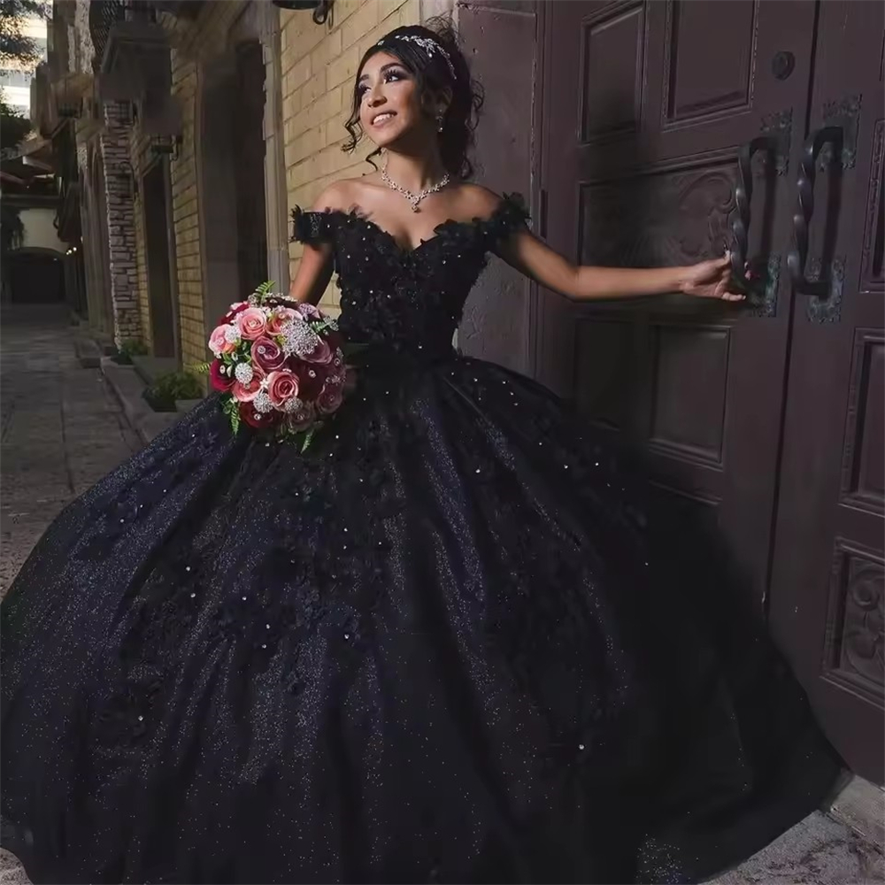 Ball Gown Quinceanera Dresses Black Glittering 3D Flowers Appliques Princess Plus Size Customized Sweet 15 16 Birthday Party Gowns Vestidos De 15 Anos