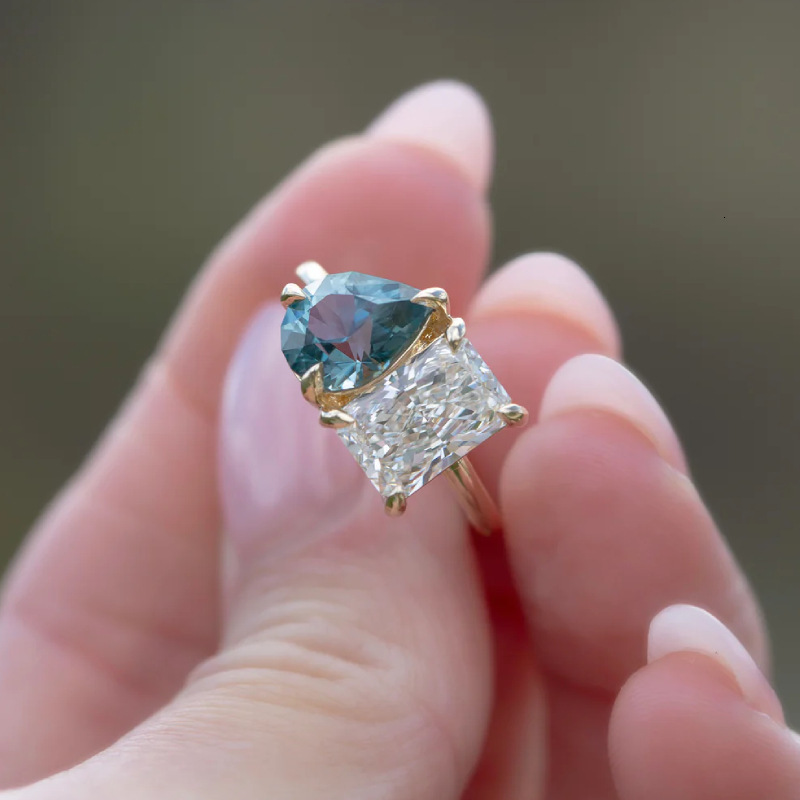 Water Drop Square Ring Copper Plated Real Gold Gift Brilliant Creative Design Double Diamond Zircon Jewelry