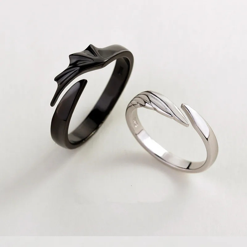 OBEAR 100 925 Sterling Silver Angel And Devil Couple Rings Wing Feather Opening Rings for Women Men Lovers Party Jewelry 260324