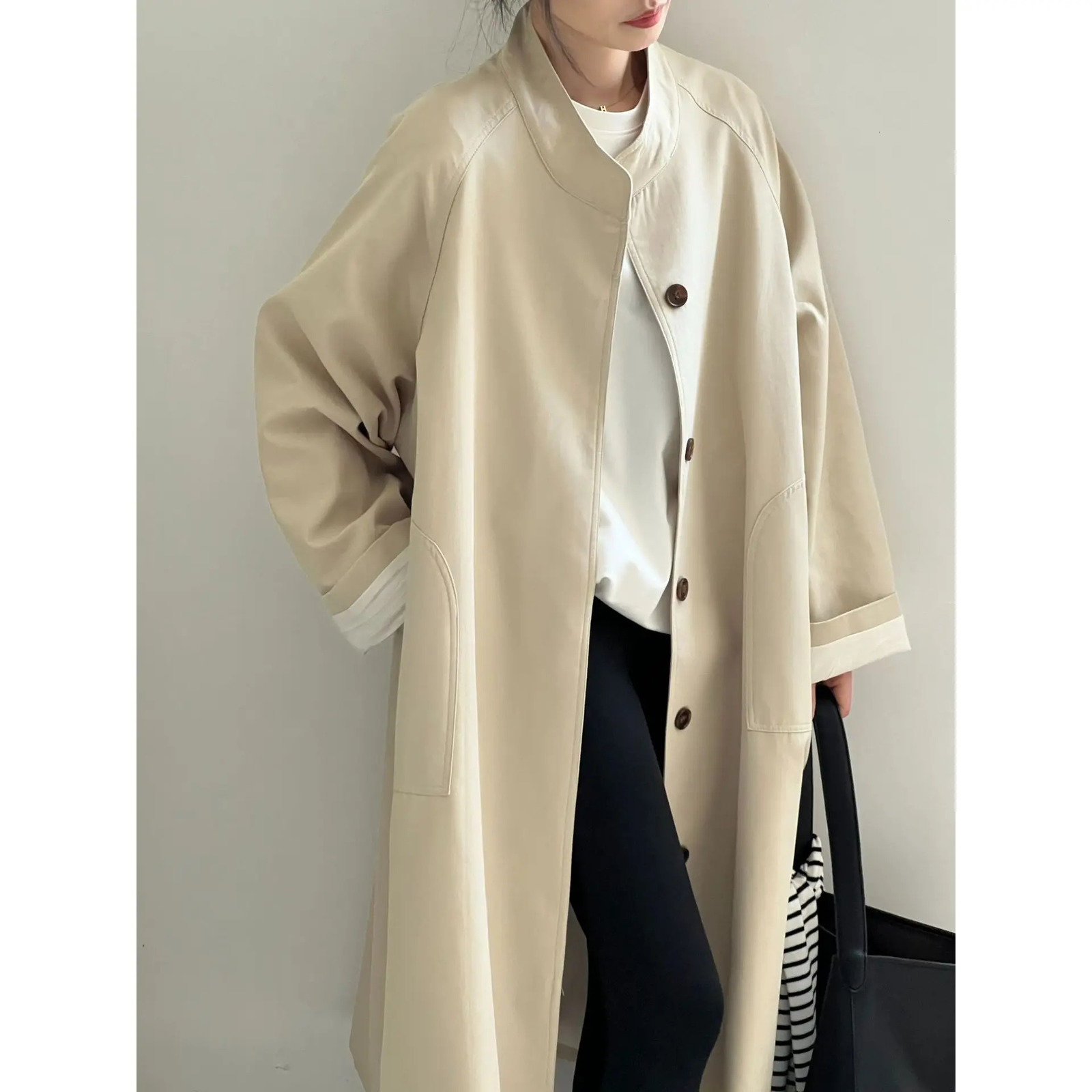 Stand Neck Long Trench Coat Women Spring Casual Turn-down Collar Single-breasted Trench Coat 260327