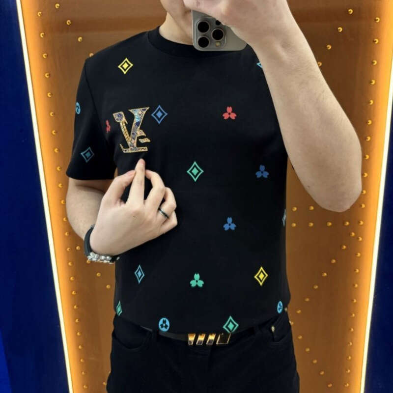 European and American Light Luxury High-end Embroidery Short Men's Trendy Brand Cool Round Neck Regular Shoulder T-shirt Summer Fashion Casual Ha