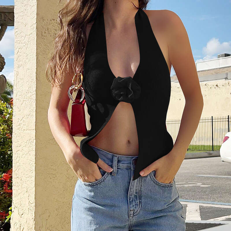 Strap Fashion Style Hot Girl Sexy Slim Fit Floral Design Halter Neck Knitted Vest Top For Women