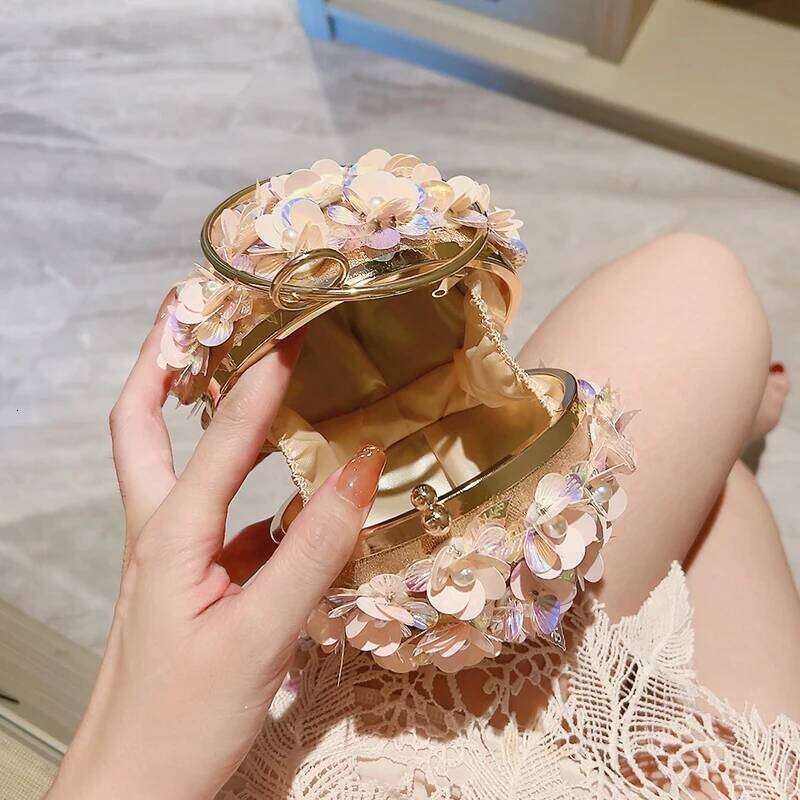 Mini Sequin Flower Evening Bag Elegant Dinner Clutch Purse Formal Round Banquet Handbag For Wedding Party Prom Clutch Bags