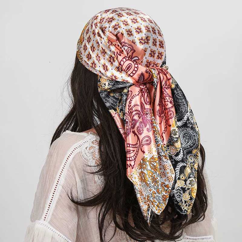 Square Silk Scarves Fashion Wen Hijab Shawls Cashew Flower Print Kerchief Femme Scarf Foard Bandana Beach Pareo 9090cm X260328