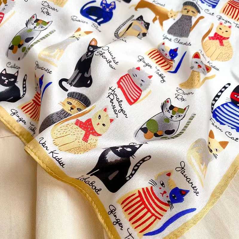 100 Mberry Silk Scarf Cute Cat Print Lightweight Square Scarf for Wen Fashion Neck Scarf Hair Fall Wens Scarves X260328
