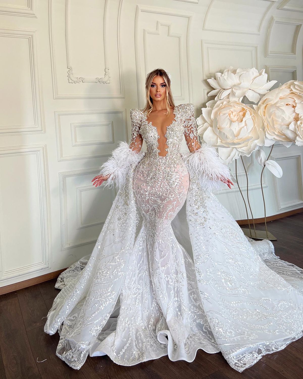 Sexy Feather Arabic Mermaid Plus Size Detachable Train Lace Bridal Dresses Beaded Crystal Wedding Gowns ZD12 ZD19