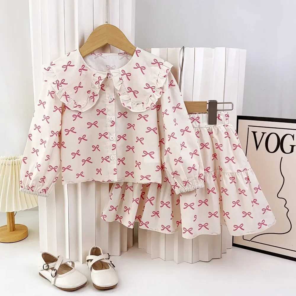 2025 New Girls Autumn Clothing Long Sleeve Flip Collar Printed Shirt Top Short Skirt Spring Fashion Casual Childrens SetT260330