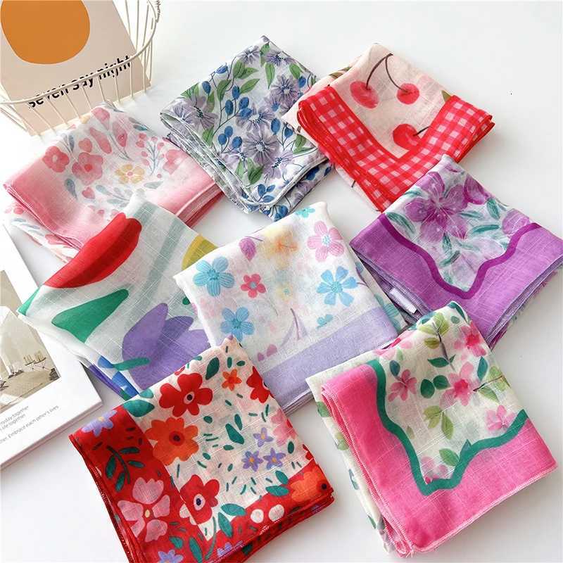 Floral Print Neckerchief Wen Korean Cotton Linen Square Scarf Elegant Neck Scarves Small Wraps Bandana Scarfs 5858Cm X260328