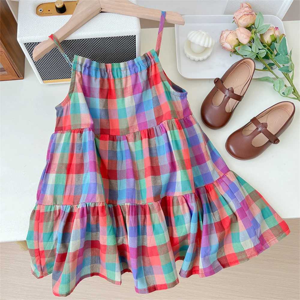 Girls Set 2023 Summer New Casual Dress Colorful Plaid Strap Dress Sleeveless Princess Dress Girls Fashion DressT260330