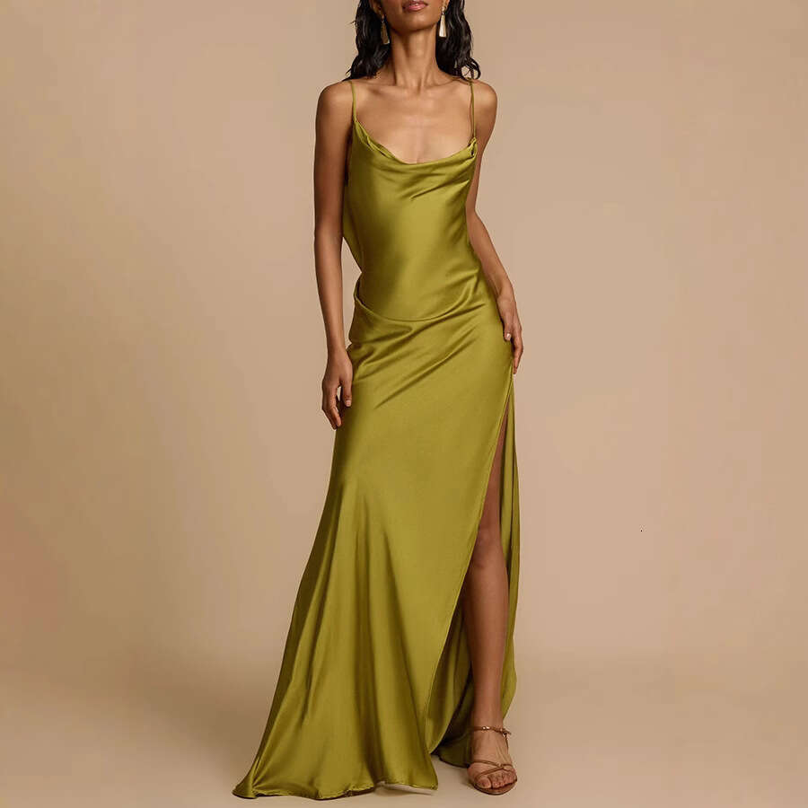Designer Dresses for Women Satin Long Floor Length Dresses with Slit Backless Dresses Women 2026 Semi-Formal Dresses