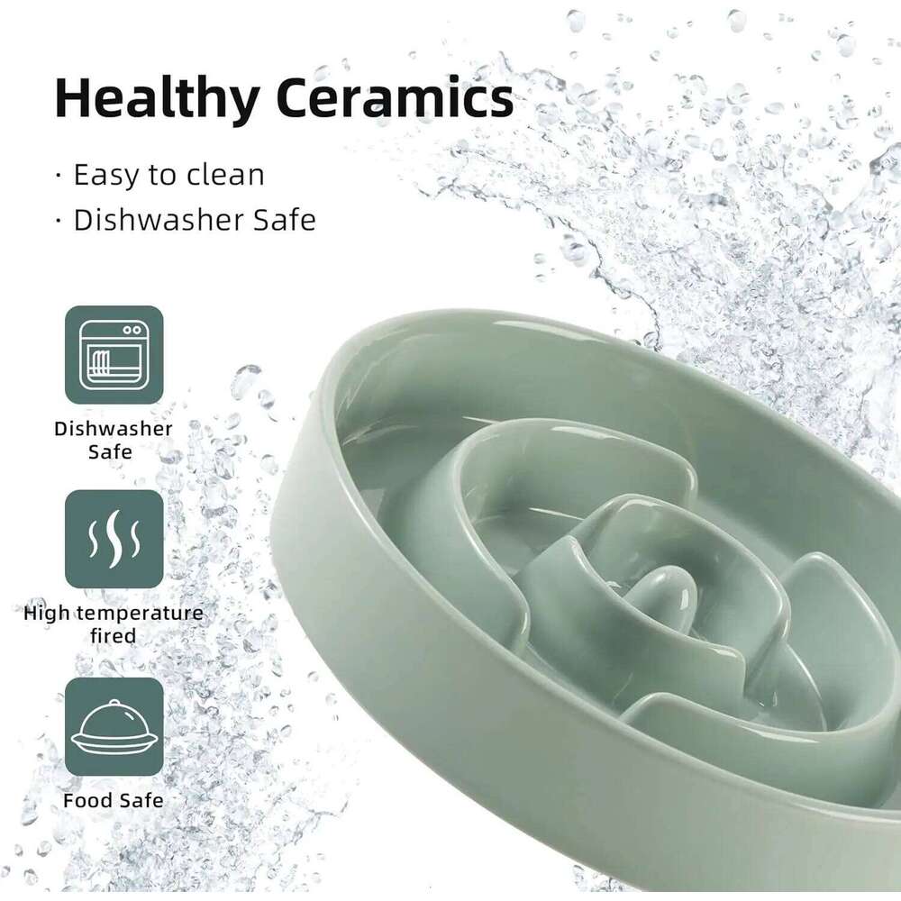 Ceramic Slow Feeder Dog Bowl for Medium/Large Breeds, Anti-Gulping Dish to Prevent Bloat and Choking, Light Green 26W0330
