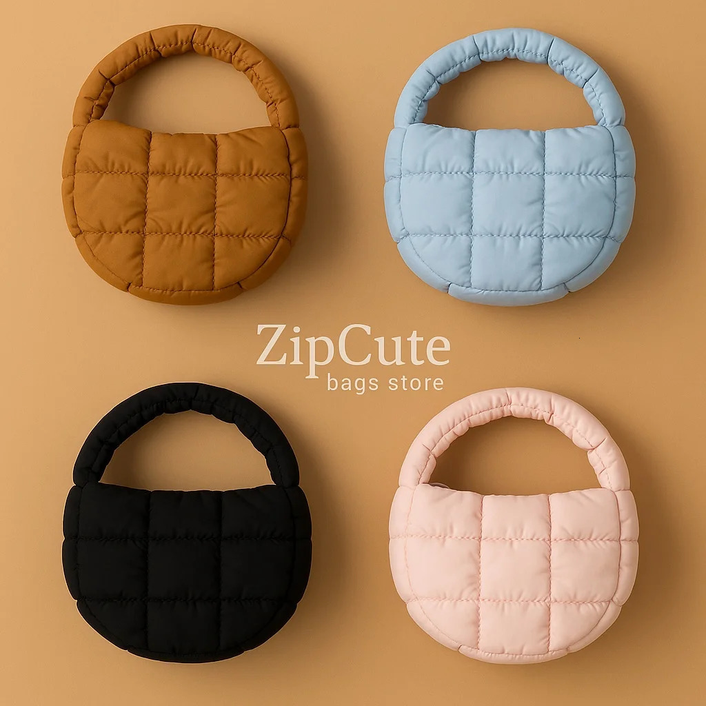 Fashion Mini Puffer Tote Bag Quilted Circle Phone Purse Elegant Purple Soft Nylon Padded Key Pouch Simple Trend Handbag 260317