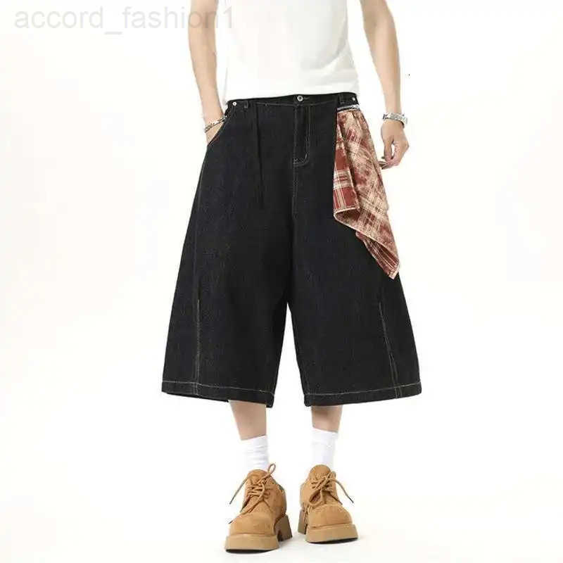 Style Mens American Wear Denim Shorts Detachable Square Scarf Seven Quarter Jeans New Stylish Streetwear Jorts 47MS H260330