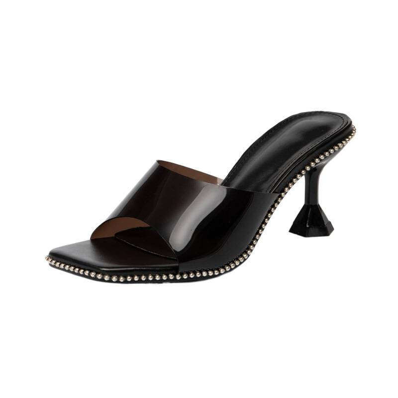 2026 Summer New Style Plus Size 42 Thin High Heel Slippers Classic Black Fashion Square Toe Design Shoe Casual Women's Shoes