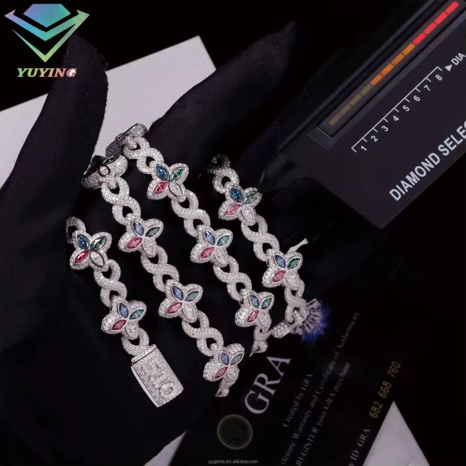 Fashion Hip Hop Jewelry Gold Plated 925 Sterling Silver Colored Moissanite Diamond Four Leaf Clover Necklace Cuban Link Chain