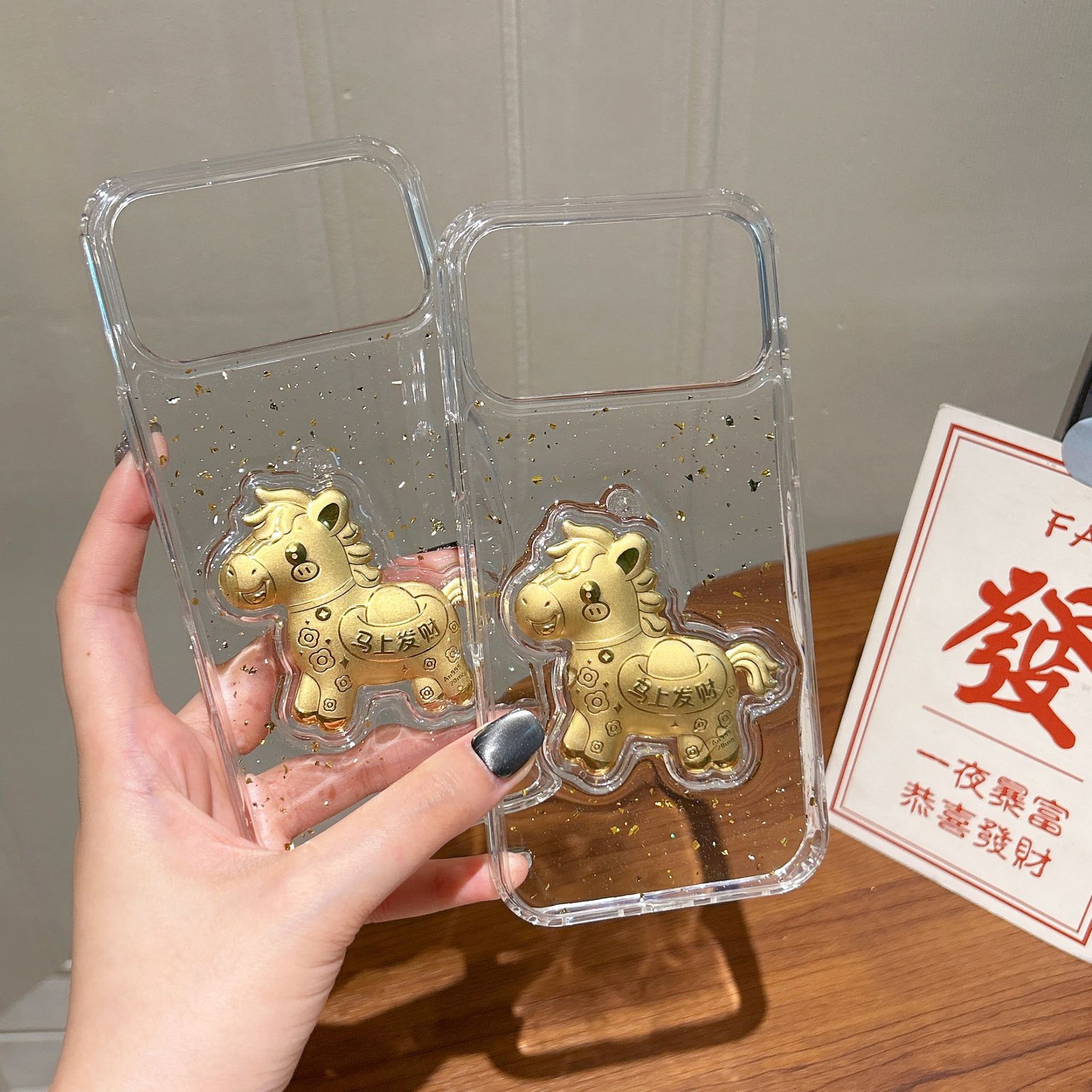 3D Epoxy Gold Foil Lucky Horse Transparent Shockproof Case for iPhone
