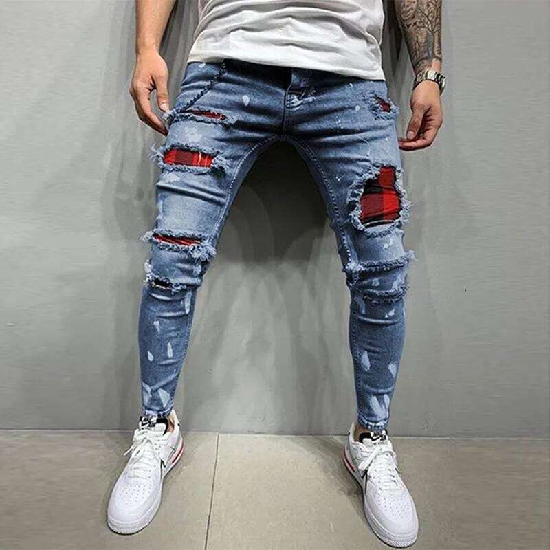 New Men's Skinny Ripped Jeans Fashion Grid Hole Endothecium Patches Slim Fit Stretch Casual Denim Pencil Pants Jogging Trousers 26Y0330