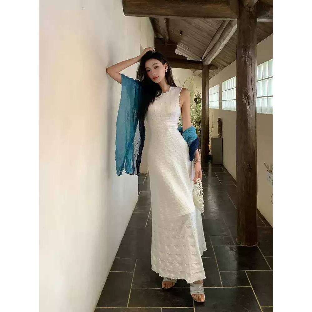 Summer 3-Piece French Style Set - Knit Maxi Dress Sleeveless Top + Cover-Up, Pearl & Hollow Out, Viscose+Nylon Mdng260330