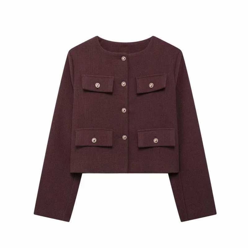 ETJ Autumn/Winter 2025 Womens Basic Jacket Vintage crew neck gold button flip pocket embellishment short coatT260328