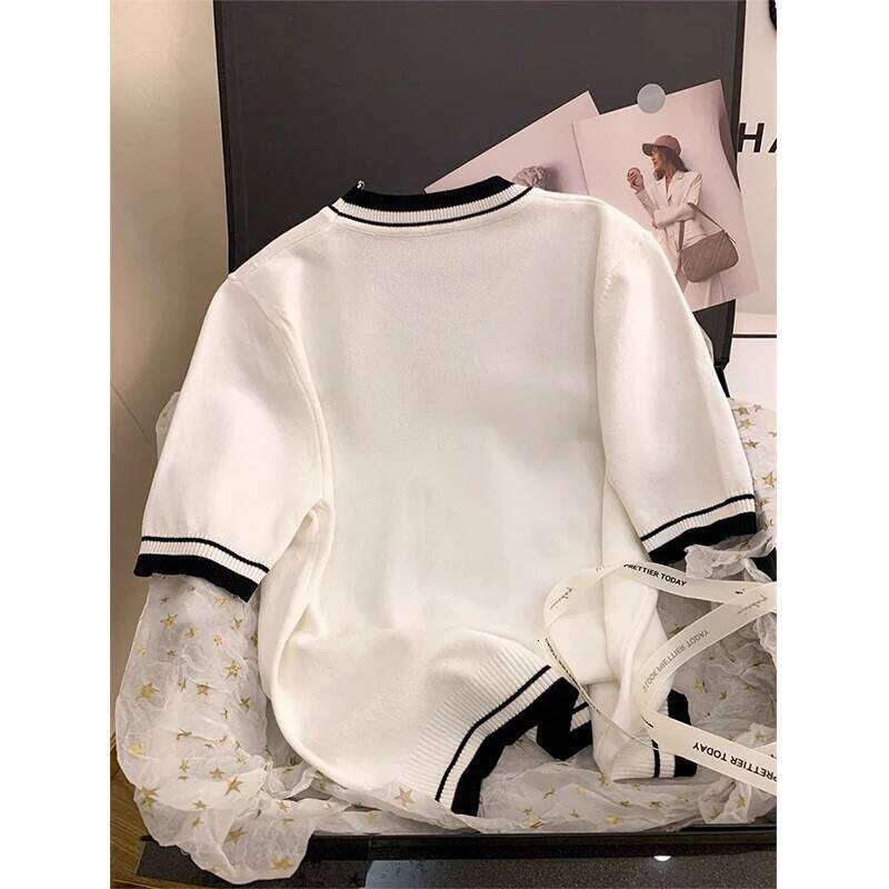 Summer Fashion Round Neck Beading Knitting T-Shirt Ladies Short Sleeve Loose Casual Patchwork Tee Top Women All-Match Pullovers