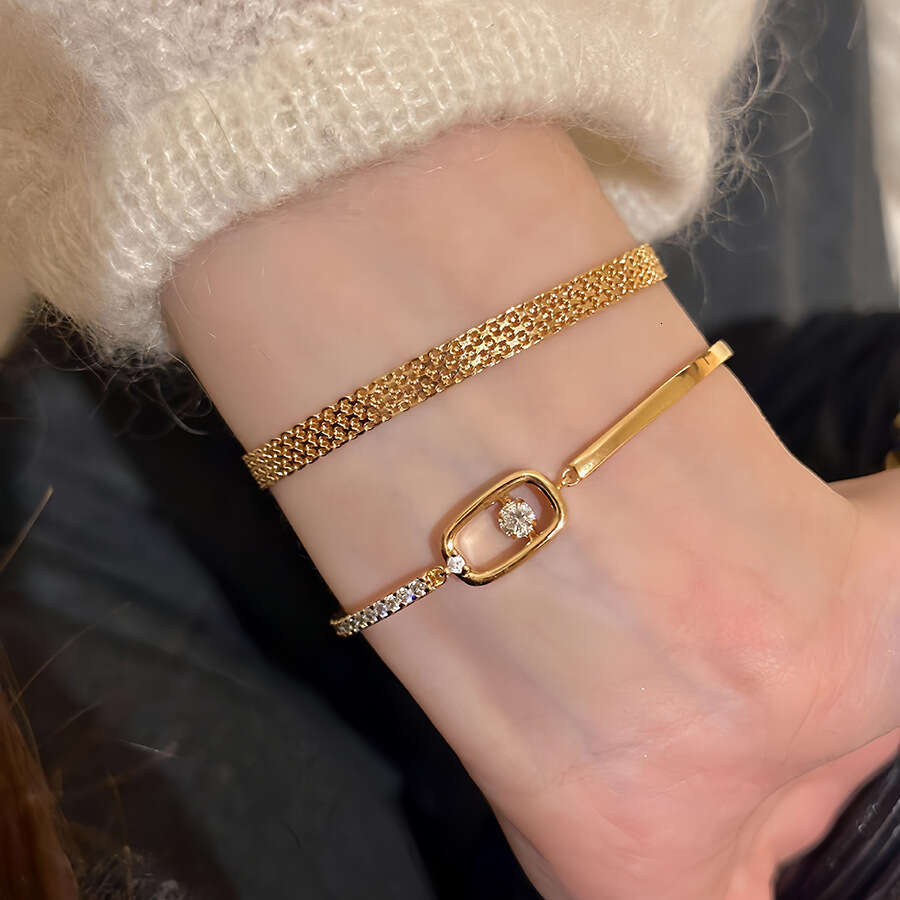 18K real Design gold plated flat grid bracelet, simple Dainty retro minimalist style, niche high-end jewelry