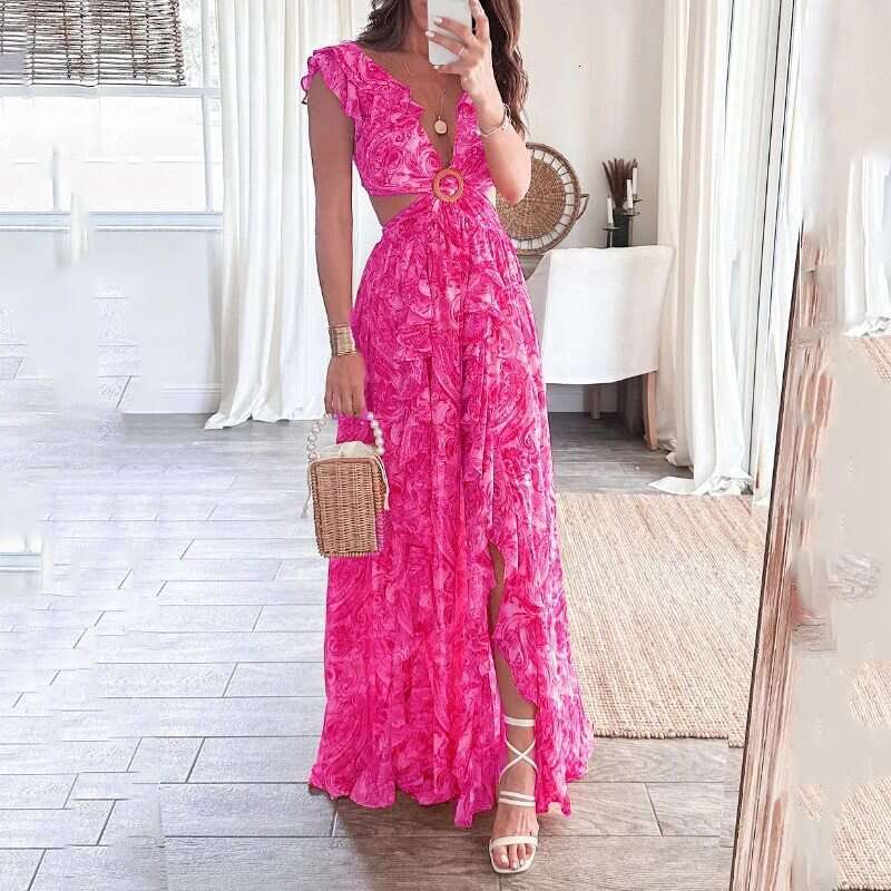 2026 Spring New Arrival: Cross-Border European and American Foreign Trade Women's Clothing - Sexy Deep V-Neck Waist-Revealing Printed Long Dress