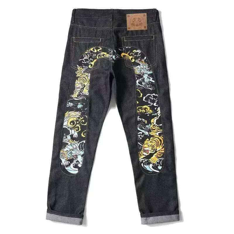 European and American High Street Hip Hop Graffiti Print Jeans Men's Trendy Brand Slim Straight Wide Leg Pants Trousers 26Y0330