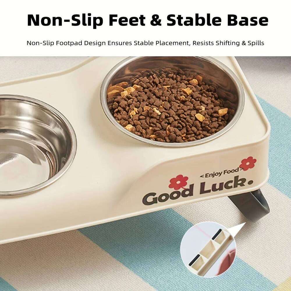 Stainless steel double-bowl elevated pet feeding bowl with non-slip foldable stand suitable for small to medium dogs and cats 26W0330