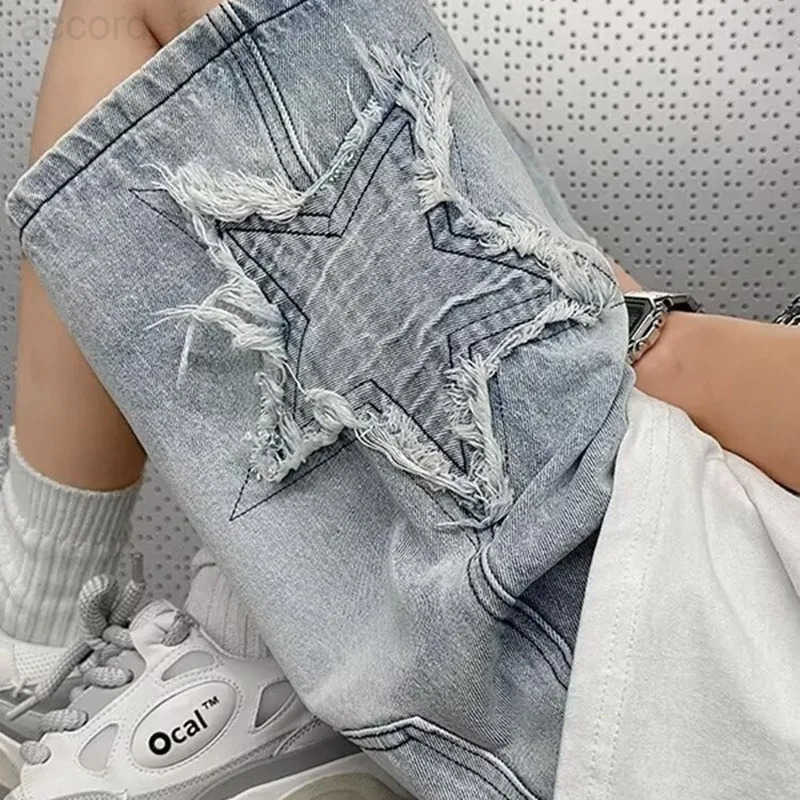 Star Patchwork Yellow Clay Color Jeans Summer Men Denim Shorts Trendy Streetwear Five-point Pants Straight Jeans Shorts H260330