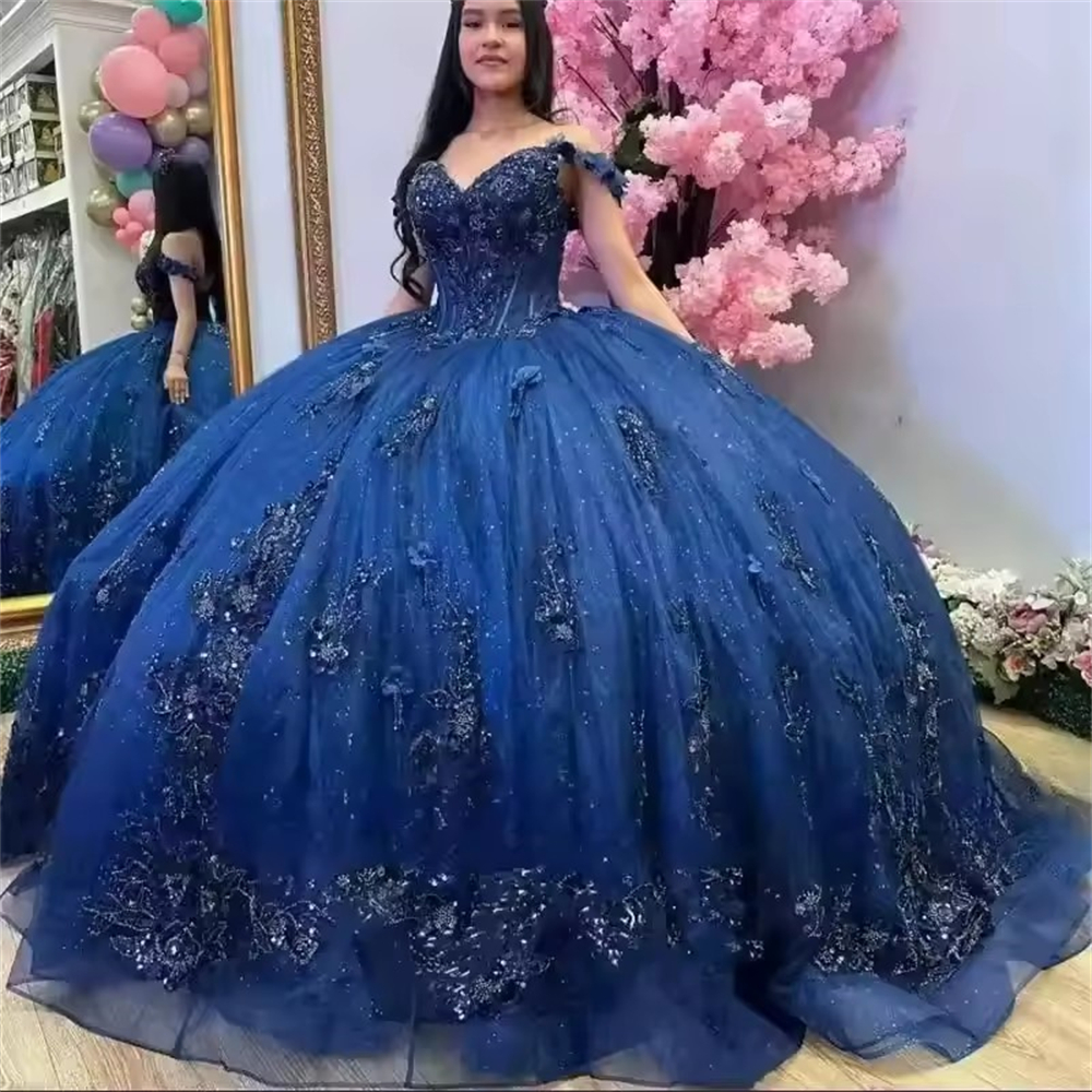 Ball Gown Quinceanera Dresses Glittering Navy Blue Princess XV Tulle Lace Plus Size Customized Sweet 15 16 Birthday Party Gowns Vestidos De 15 Anos QD