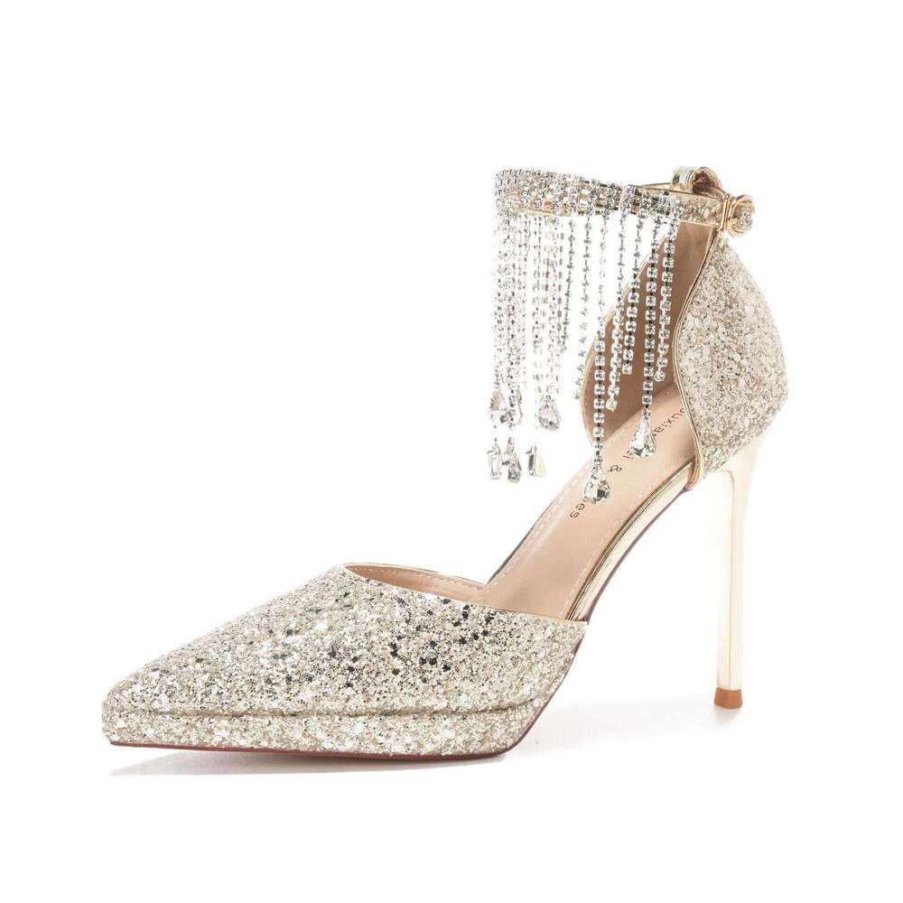 Crystal Tassel Rhinestone One Strap Waterproof Platform Sequin Stiletto High Heels Wedding Banquet Shoes