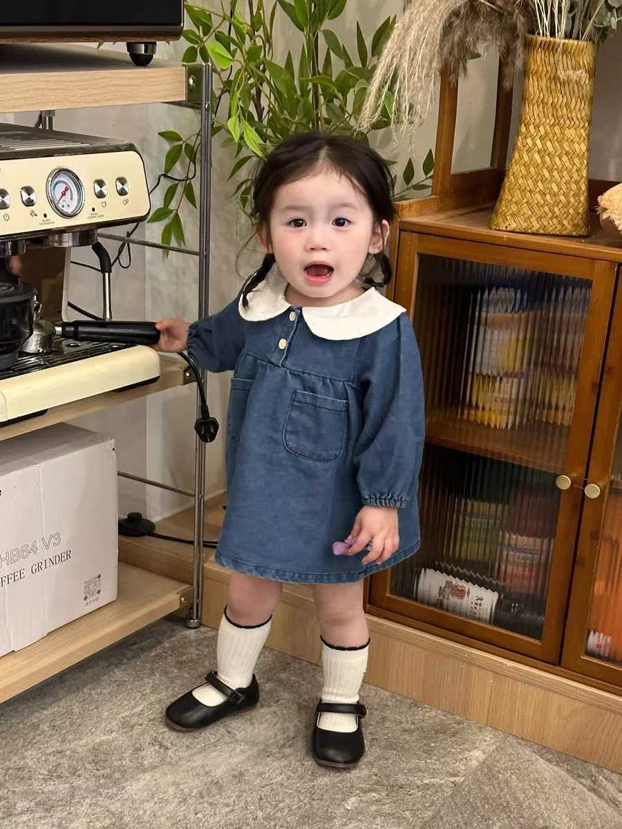 Q2495 Korean Style Spring Autumn Baby Dress Cute Loose Lapel Long Sleeve Soft Denim Dress Doll Collar One Piece Baby OutfitT260330