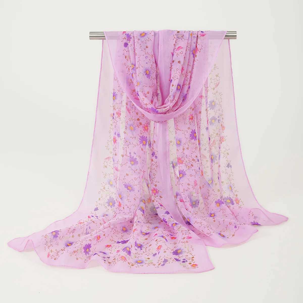 Summer Floral Printed Scarf Elegant Lightweight Chiffon Silk Shawls Travel Beach Sunscreen Towel Fashion band Turban X260328