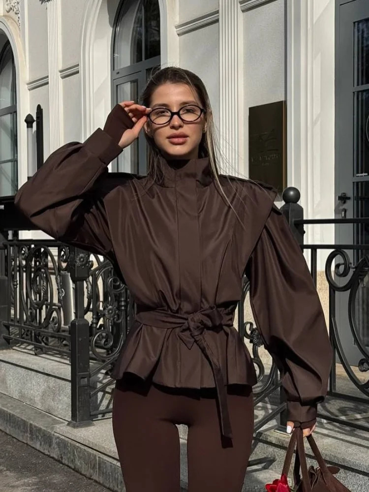 Broad Shoulder Apricot Belt Cropped Trench Coat Women Full Sleeve Zipper Button Pleated Windbreaker Jacket Lady Fall Streetwear 260327