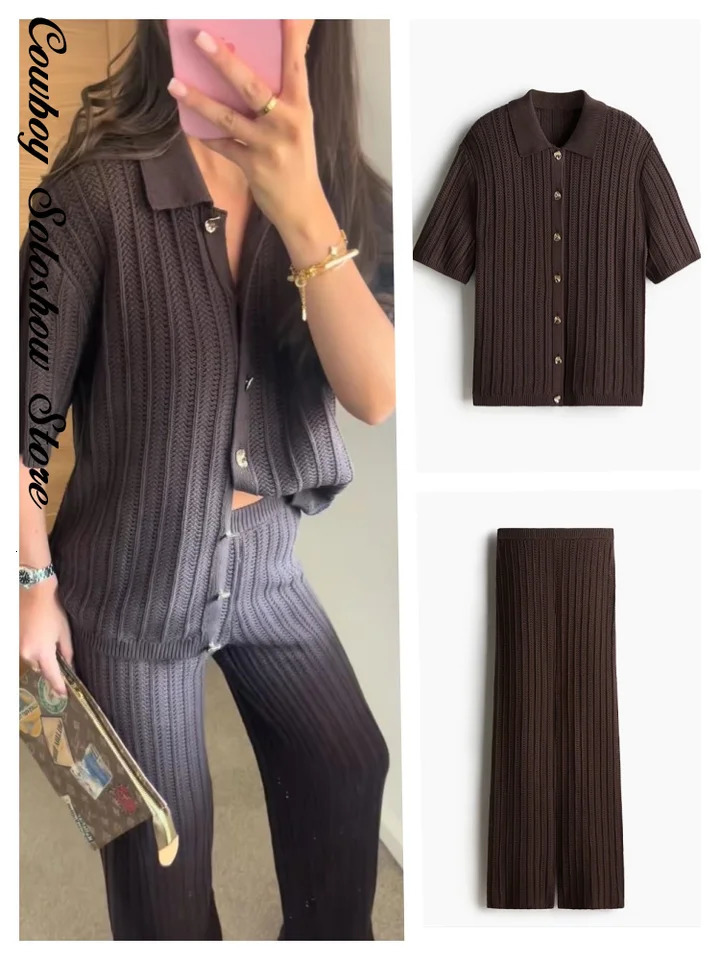 Vintage Knitted Baggy Pants Set Women Brown Half Sleeve Lapel Single Breasted Tops Straight Trousers Summer Solid Lady Suit 260326