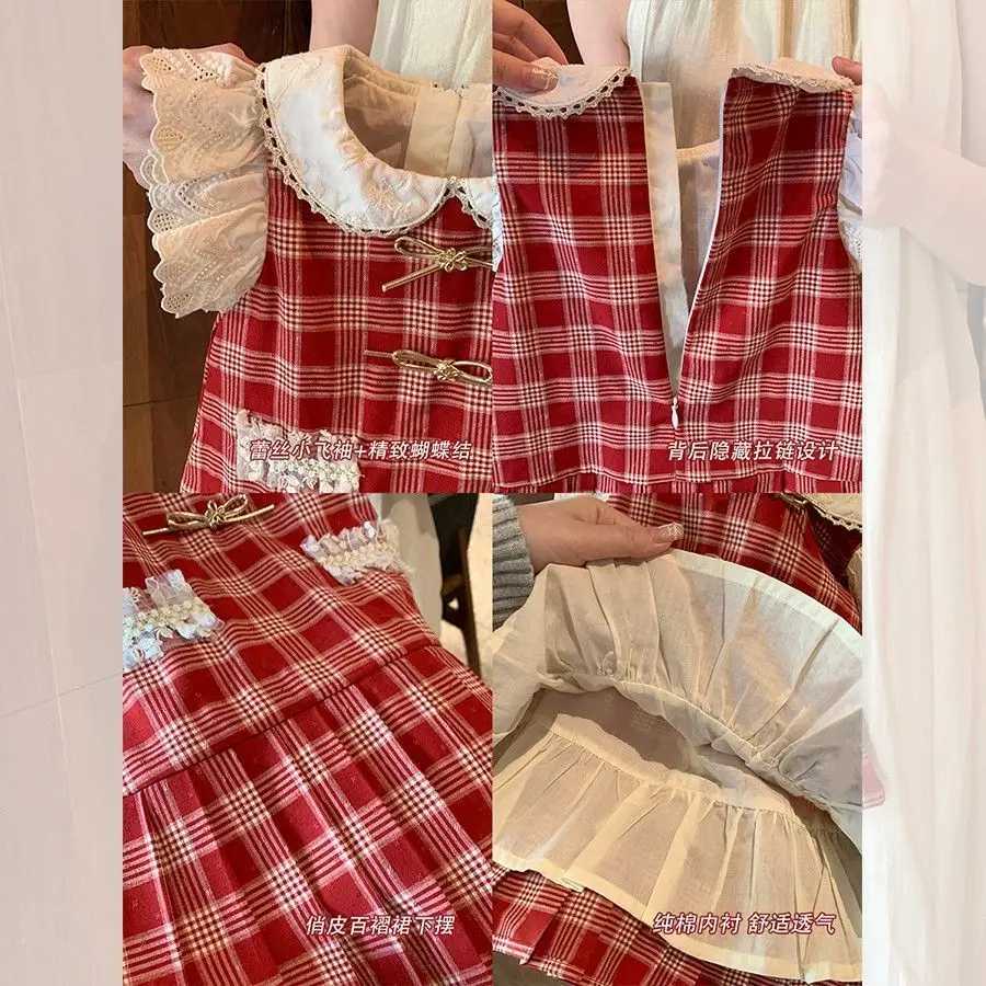 Girls Skirt 2025 Summer New Childrens Clothing Korean Style Girl Baby College Style Red Plingham Lace Sundress Casual SimpleT260330