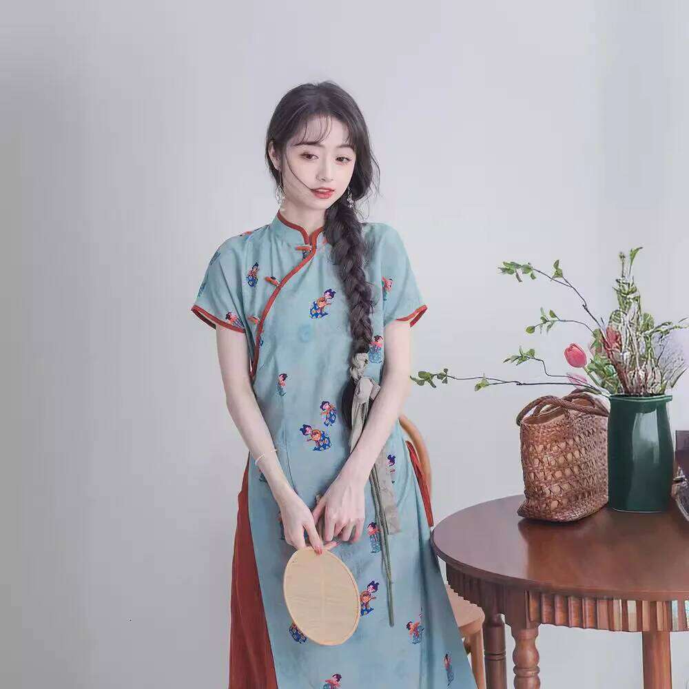 New Blue Cheongsam Set Women Improved Qipao Chinese Style Short Sleeve Vintage 2 Pieces Floral Long Dresses With Trousers MAKOUFEI