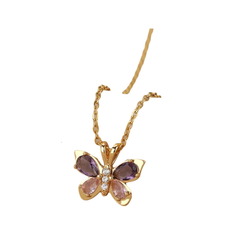 Cute Butterfly Necklace For Women Stainless Steel Crystal Purple Zircon Aesthetic Charms Collar Choker Jewelry Party