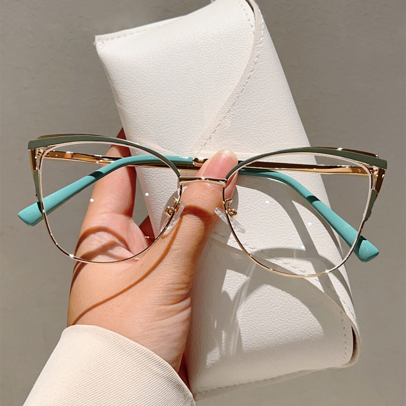 New cross-border cat eye plain high-end anti blue light glasses with metal frame for business and office use, compatible with prescription flat lenses