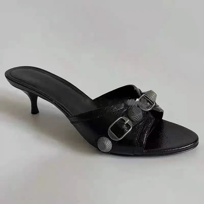Summer Womens Studded Black Slippers Sexy Spice Punk High Heels Party Shoes 260330