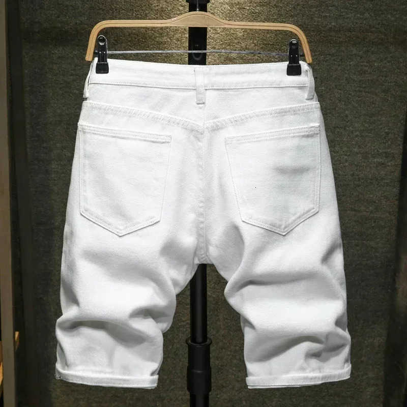Streetwear Ripped White Denim Shorts Men New Fashion Knee Length Jeans Simple Casual Slim Hole Short Pants Male H260330